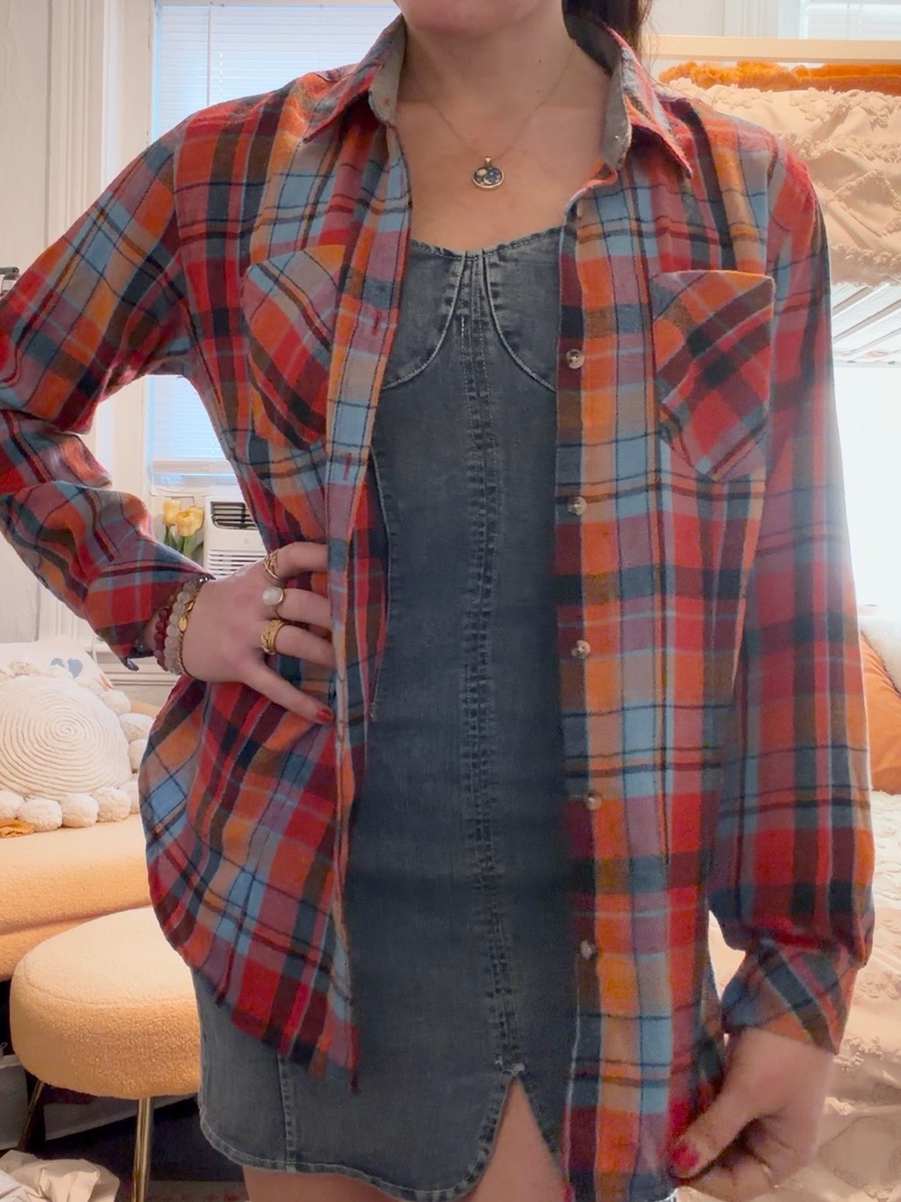 Casual Red, Orange & Blue Plaid Boyfriend Button-Up Flannel Shirt | Size S - Picture 2 of 7